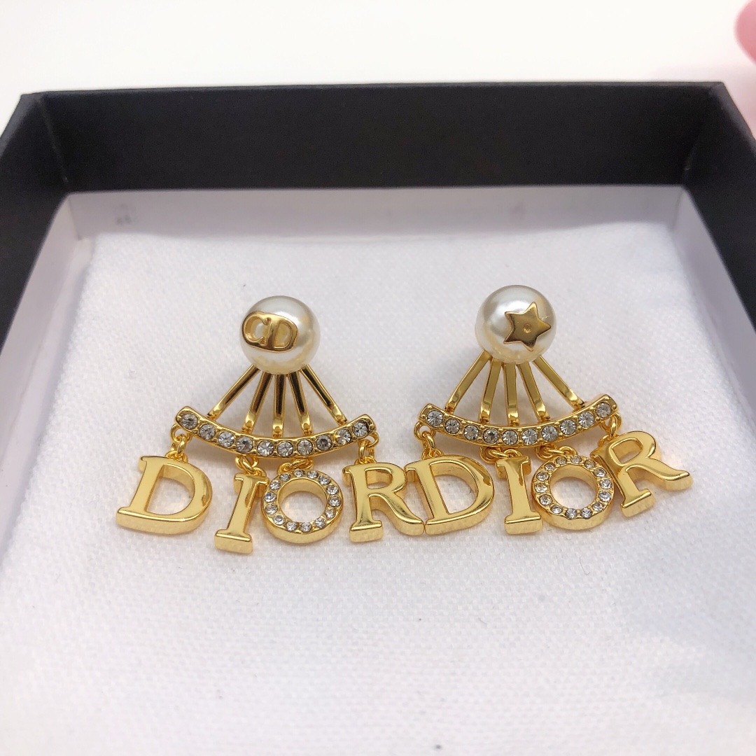 Dior DED0079 earrings Gold-tone metal white faux pearl clear crystal One Size