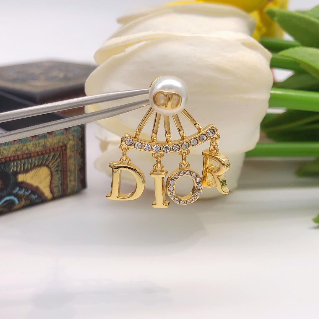 Dior DED0079 earrings Gold-tone metal white faux pearl clear crystal One Size