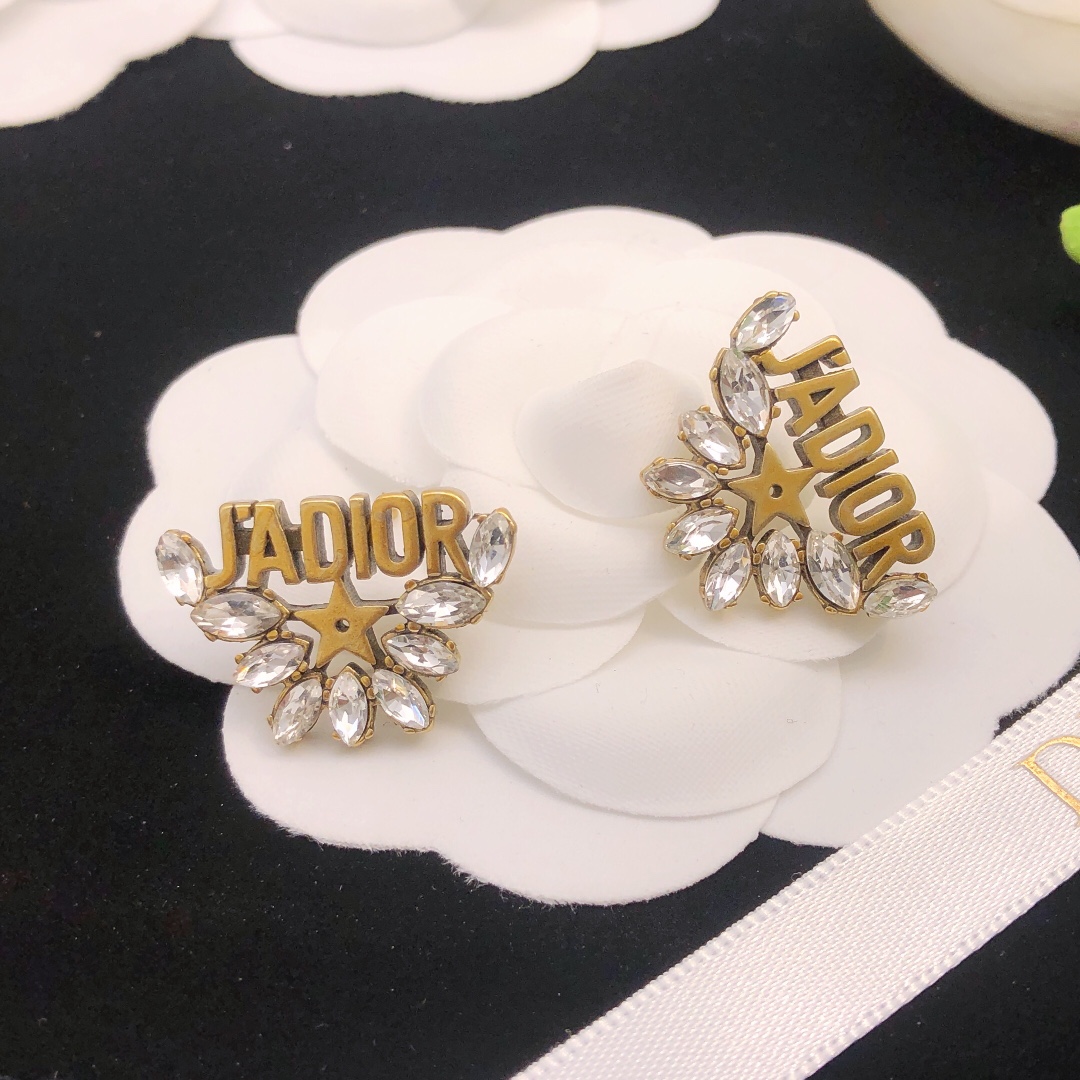 Dior J Adior earrings antique gold tone metal with clear marquise-cut crystals 2 5cm length