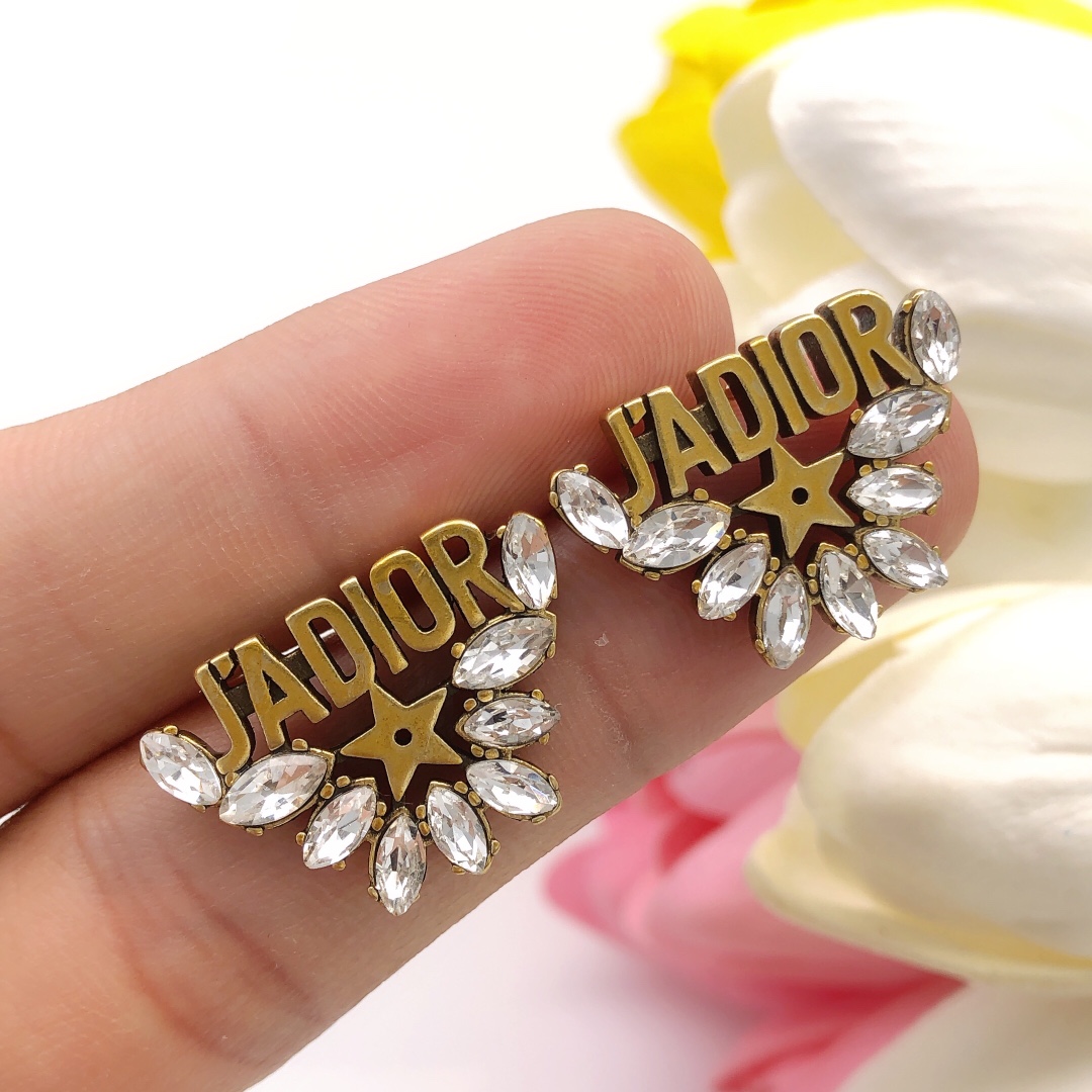 Dior J Adior earrings antique gold tone metal with clear marquise-cut crystals 2 5cm length