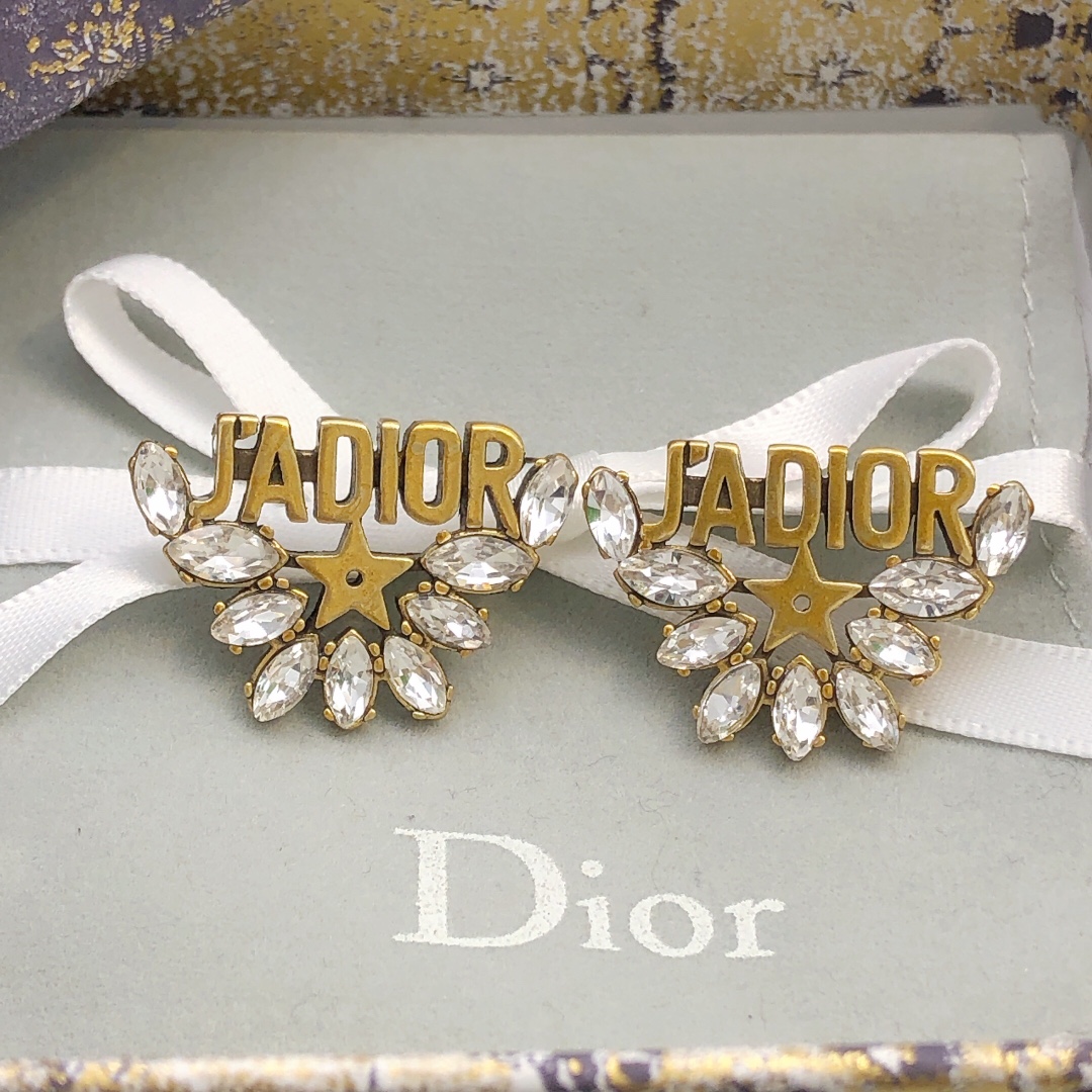 Dior J Adior earrings antique gold tone metal with clear marquise-cut crystals 2 5cm length