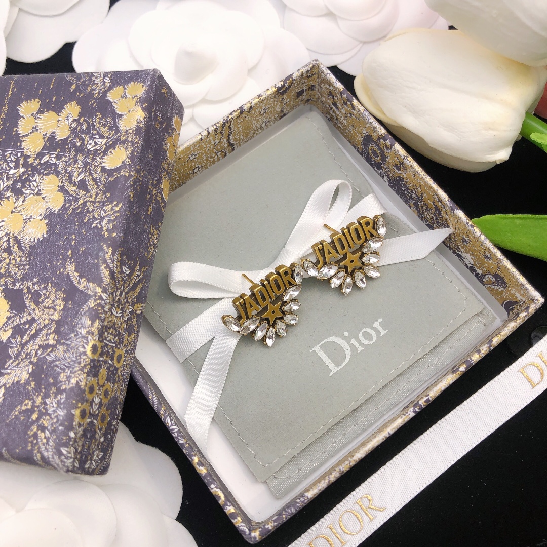 Dior J Adior earrings antique gold tone metal with clear marquise-cut crystals 2 5cm length