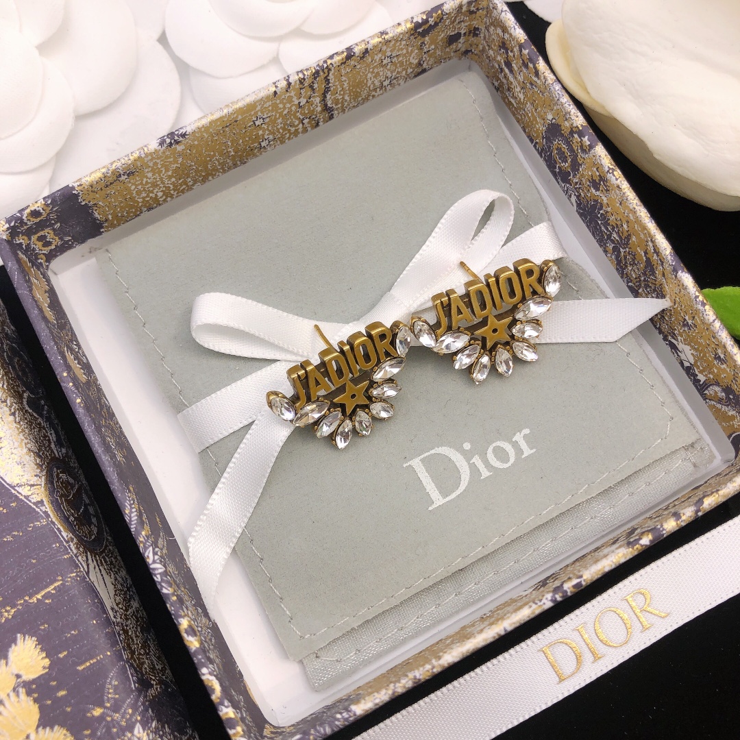 Dior J Adior earrings antique gold tone metal with clear marquise-cut crystals 2 5cm length