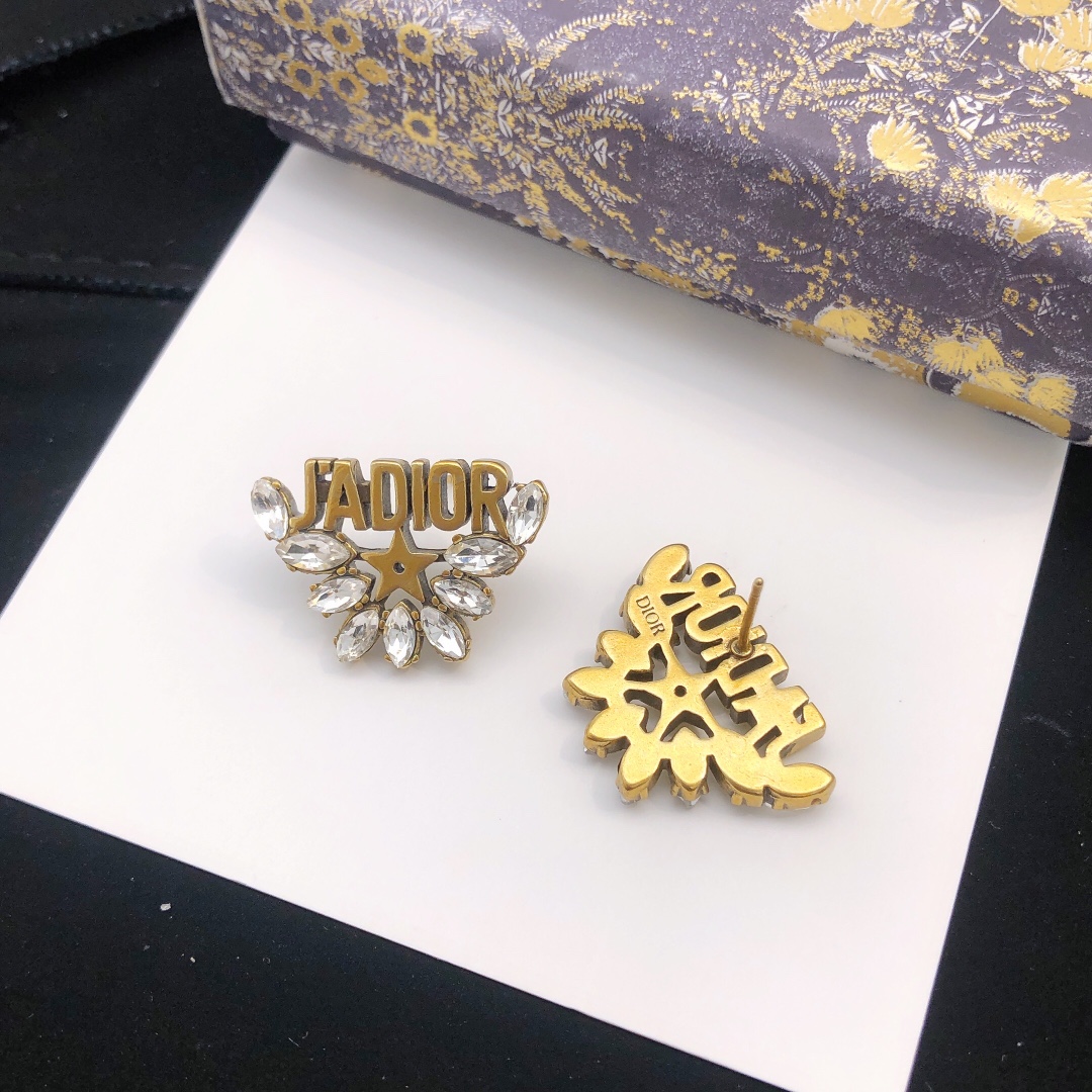 Dior J Adior earrings antique gold tone metal with clear marquise-cut crystals 2 5cm length
