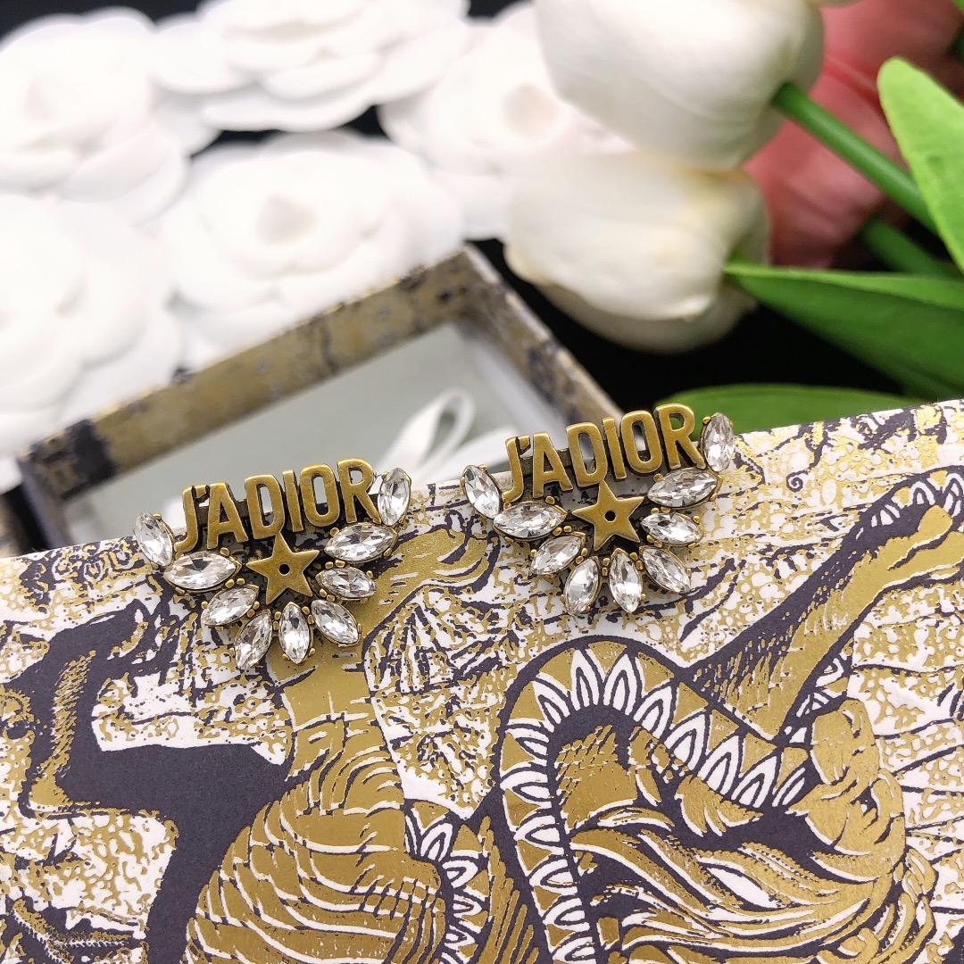 Dior J Adior earrings antique gold tone metal with clear marquise-cut crystals 2 5cm length