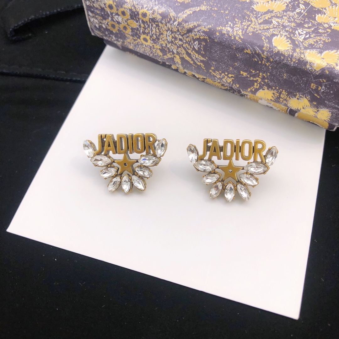 Dior J Adior earrings antique gold tone metal with clear marquise-cut crystals 2 5cm length