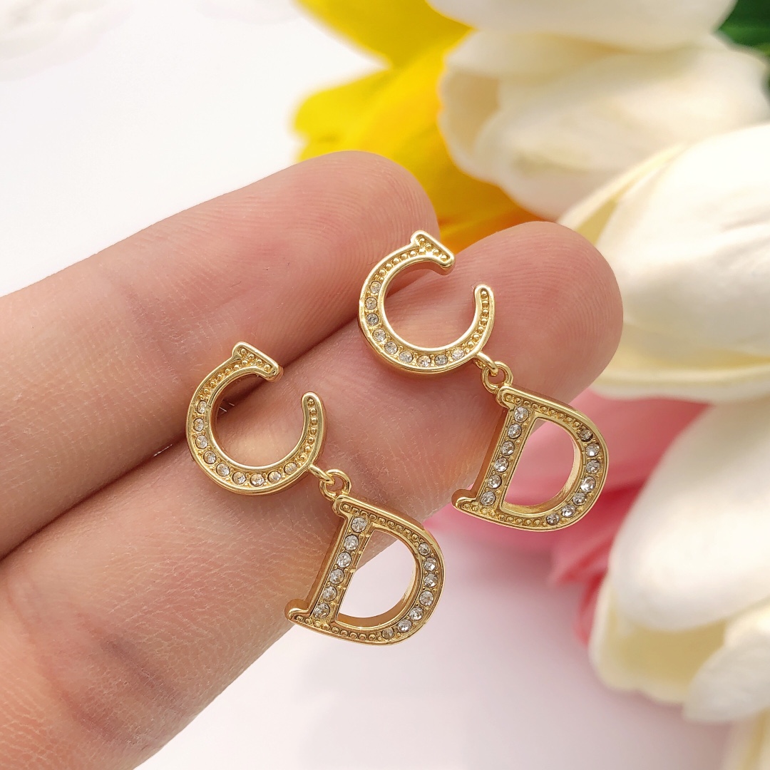 Dior CD Logo Crystal Drop Earrings earrings gold-tone metal with clear crystal accents 1 5cm drop length