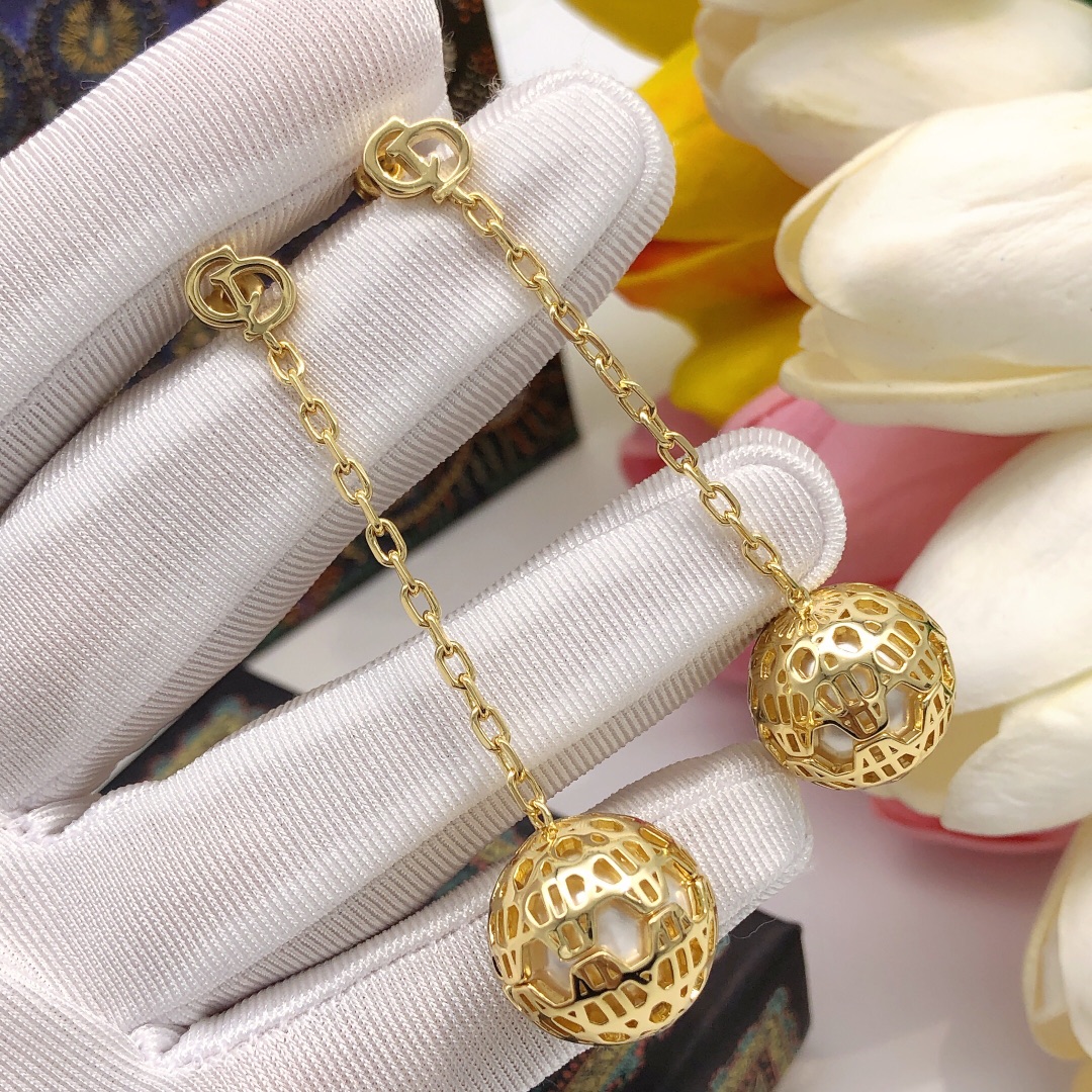 Dior DED0235 earrings gold-tone metal with white faux pearl accents 6cm drop length
