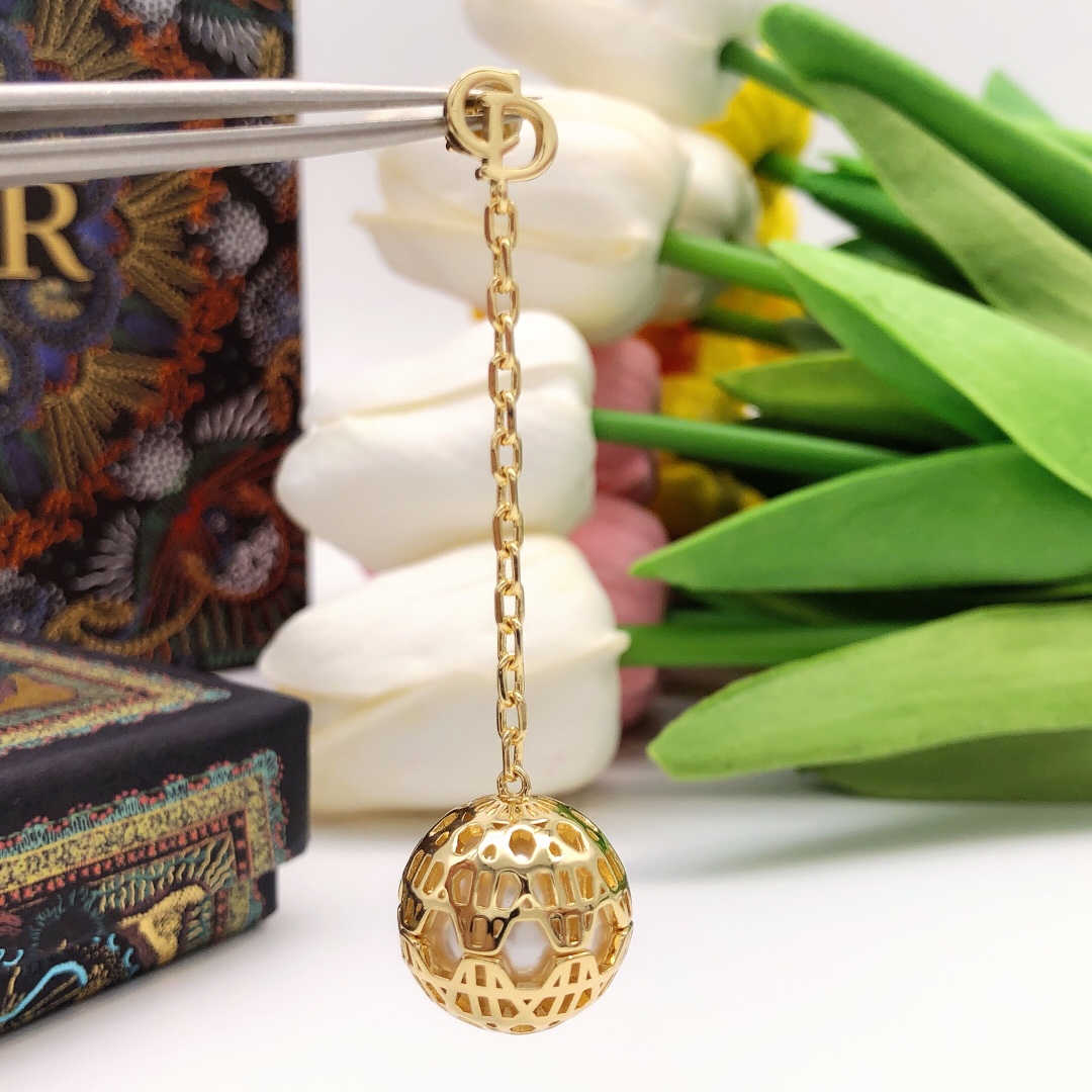 Dior DED0235 earrings gold-tone metal with white faux pearl accents 6cm drop length