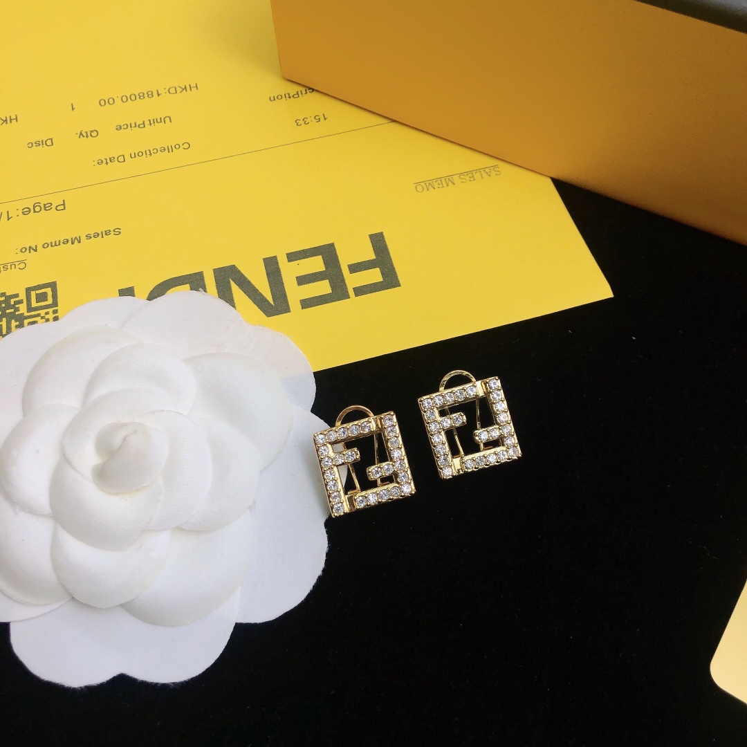 Fendi FF Logo earrings gold-tone metal with clear crystal accents 1 5cm