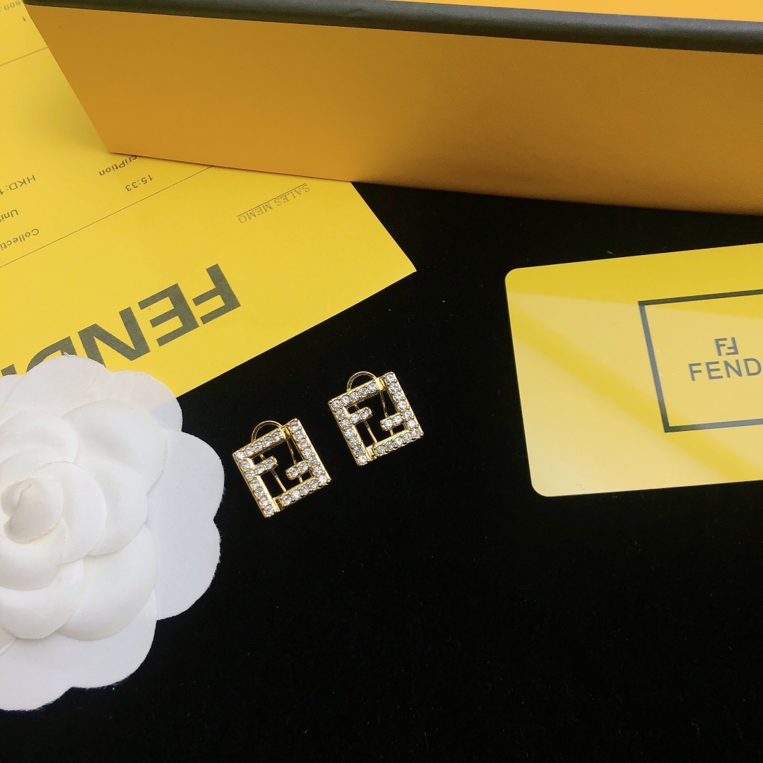 Fendi FF Logo earrings gold-tone metal with clear crystal accents 1 5cm