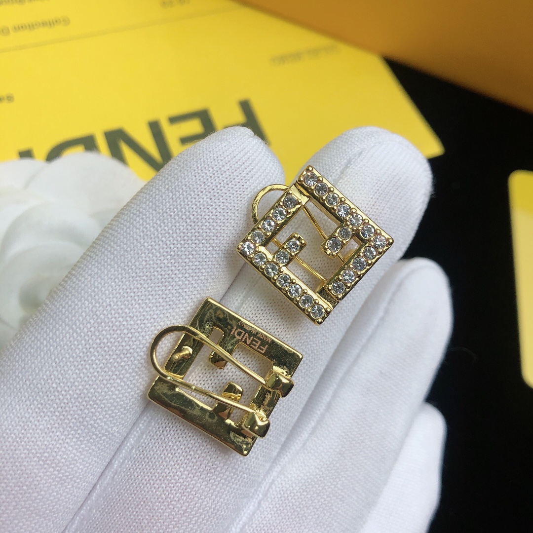Fendi FF Logo earrings gold-tone metal with clear crystal accents 1 5cm