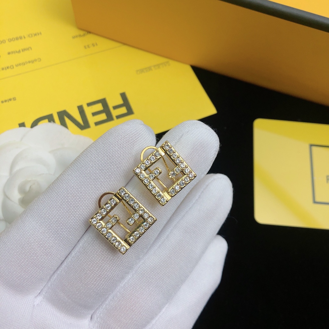 Fendi FF Logo earrings gold-tone metal with clear crystal accents 1 5cm