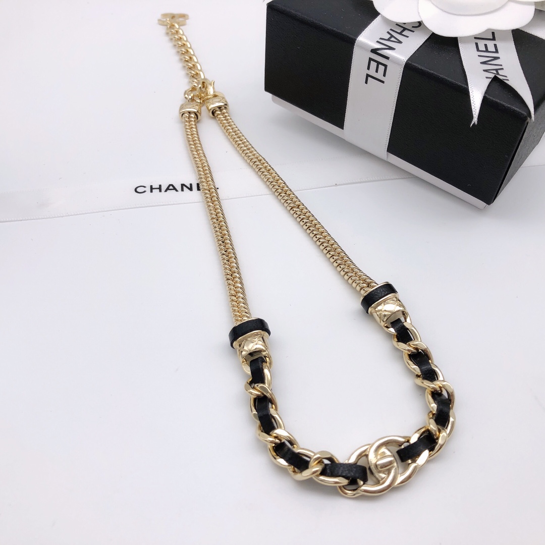 Chanel CC Turnlock Leather Woven Chain necklace gold tone metal black leather 40cm