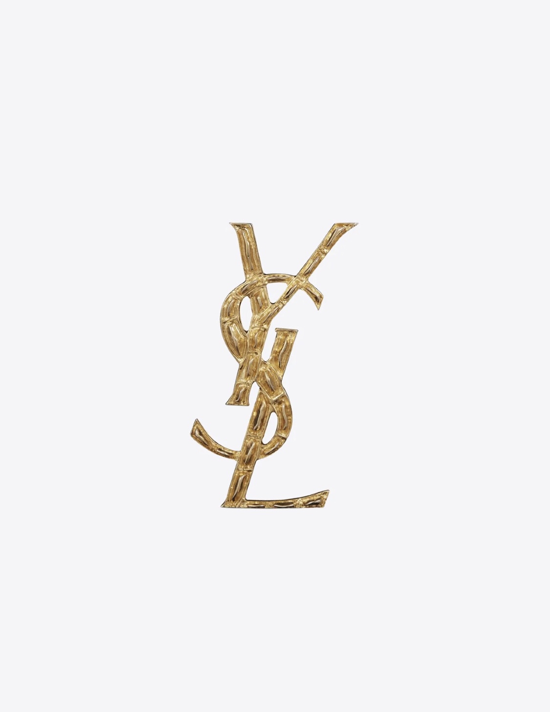 Saint Laurent Cassandre Bamboo YSL Monogram brooch gold tone metal no gemstones 4 5cm height