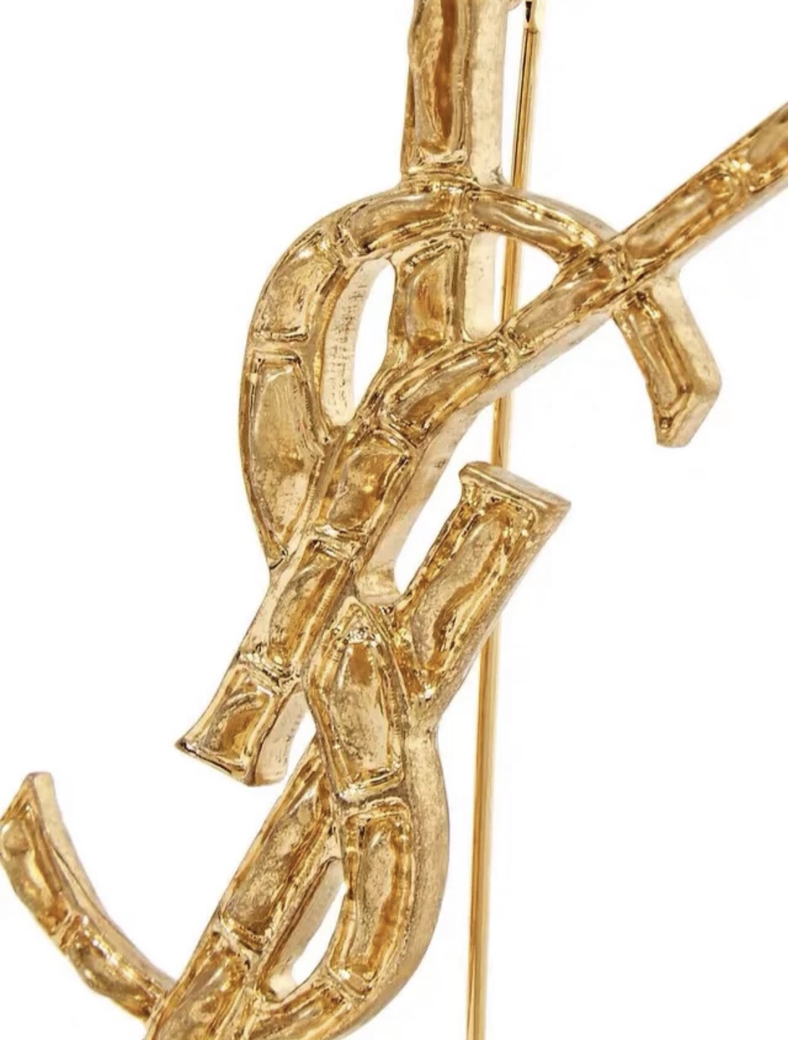 Saint Laurent Cassandre Bamboo YSL Monogram brooch gold tone metal no gemstones 4 5cm height