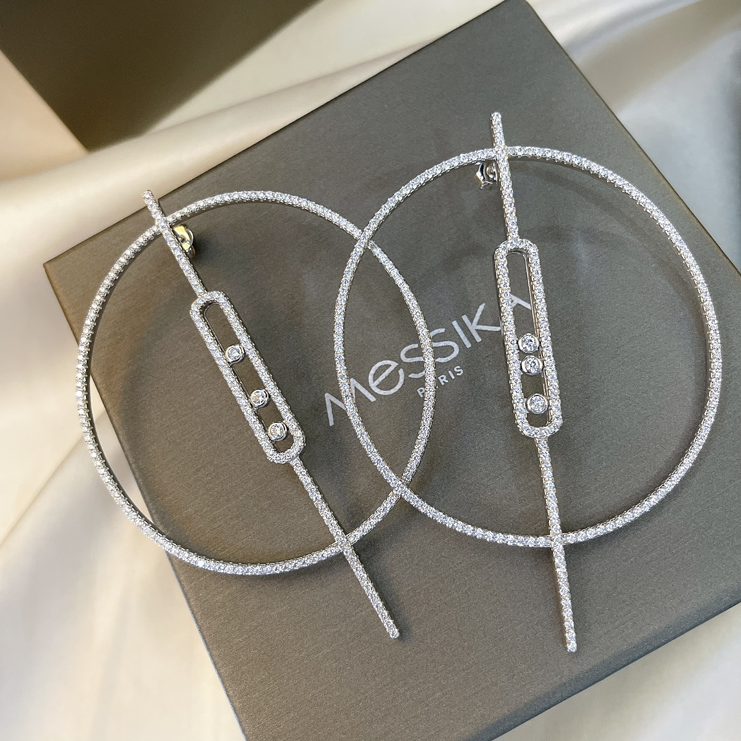 Messika Move Series earrings 18k white gold 18k rose gold with pave white diamonds 7cm hoop diameter