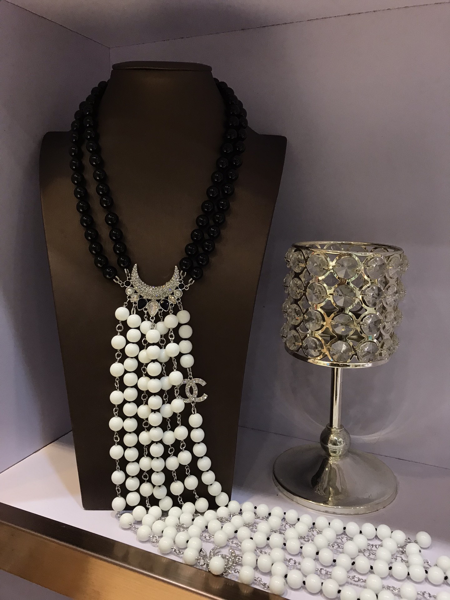 Chanel Baroque Crescent Moon CC Logo necklace silver tone metal black resin beads white resin beads clear crystal accents 42cm with 5cm extender chain