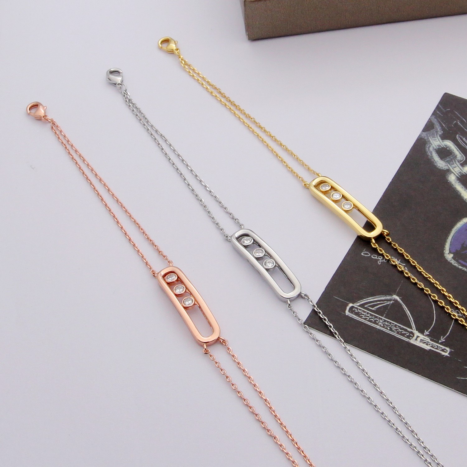 Messika Move Uno jewelry set silver rose gold yellow gold metal with clear diamond accents necklace 45cm bracelet 18cm with 2cm extender earrings stud post