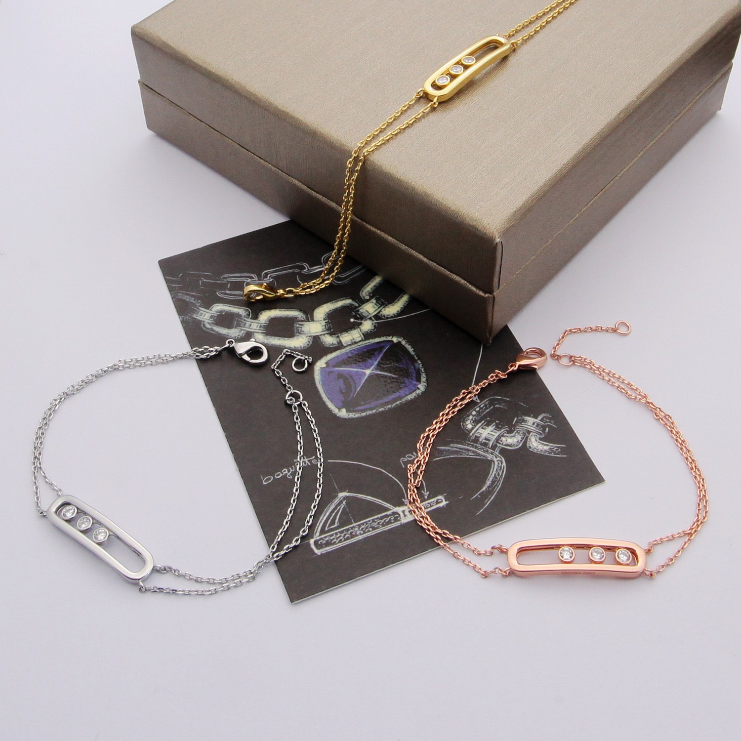 Messika Move Uno jewelry set silver rose gold yellow gold metal with clear diamond accents necklace 45cm bracelet 18cm with 2cm extender earrings stud post