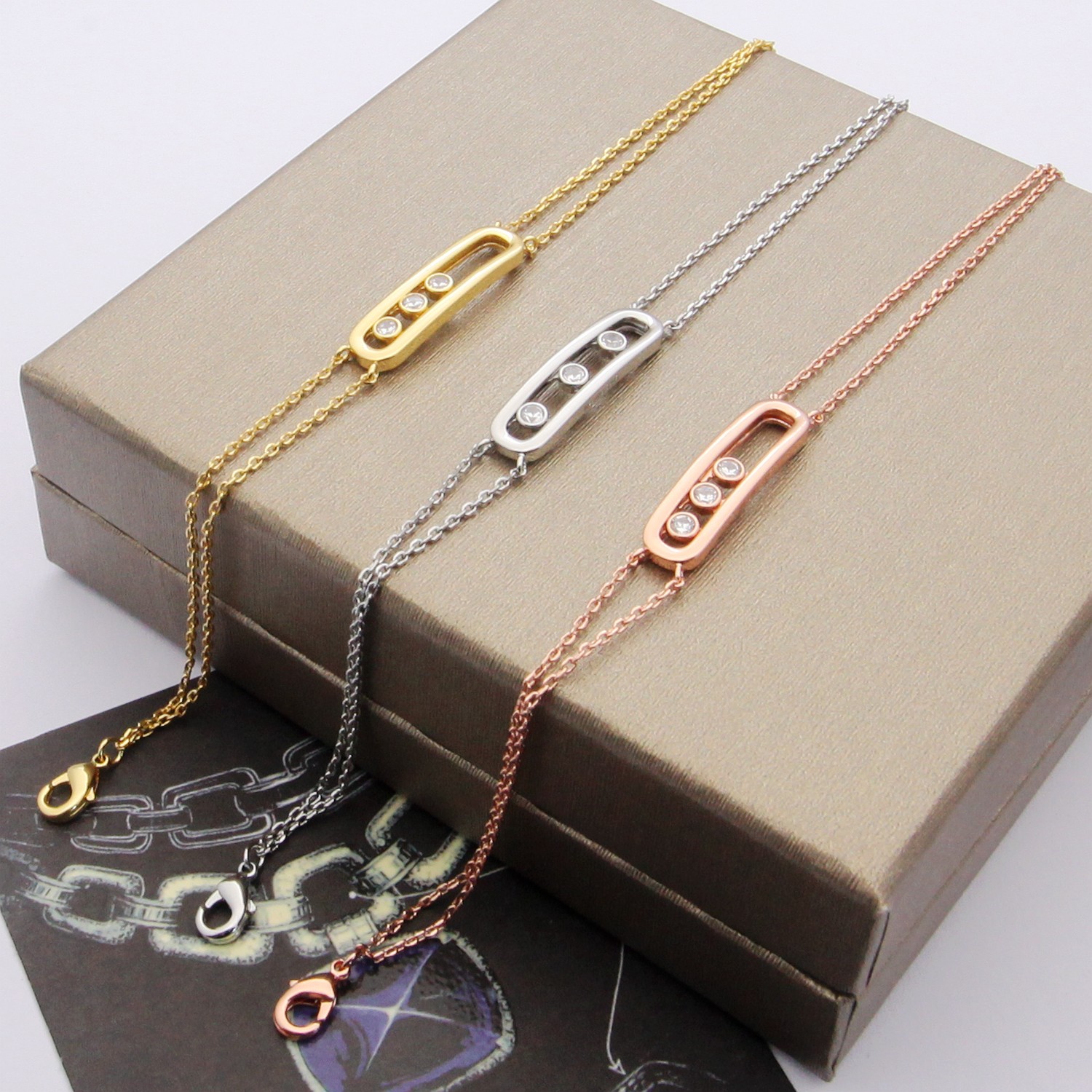 Messika Move Uno jewelry set silver rose gold yellow gold metal with clear diamond accents necklace 45cm bracelet 18cm with 2cm extender earrings stud post