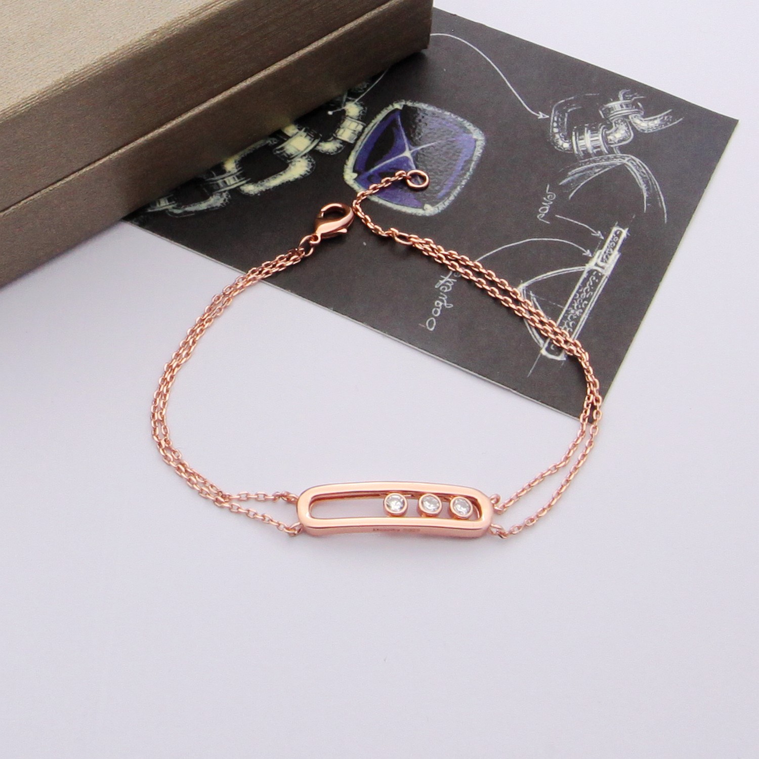 Messika Move Uno jewelry set silver rose gold yellow gold metal with clear diamond accents necklace 45cm bracelet 18cm with 2cm extender earrings stud post