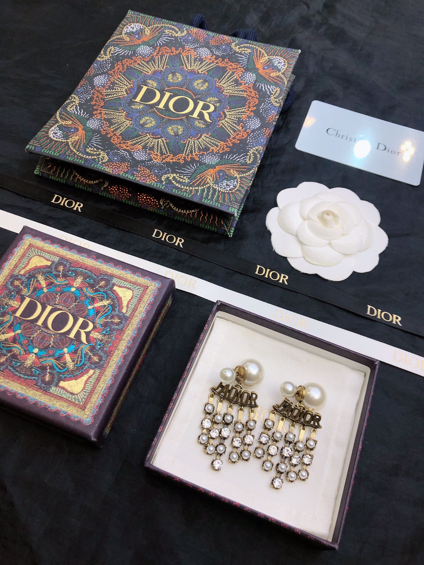 Dior J Adior earrings antique gold-tone metal white pearl clear crystal 5 5cm drop length