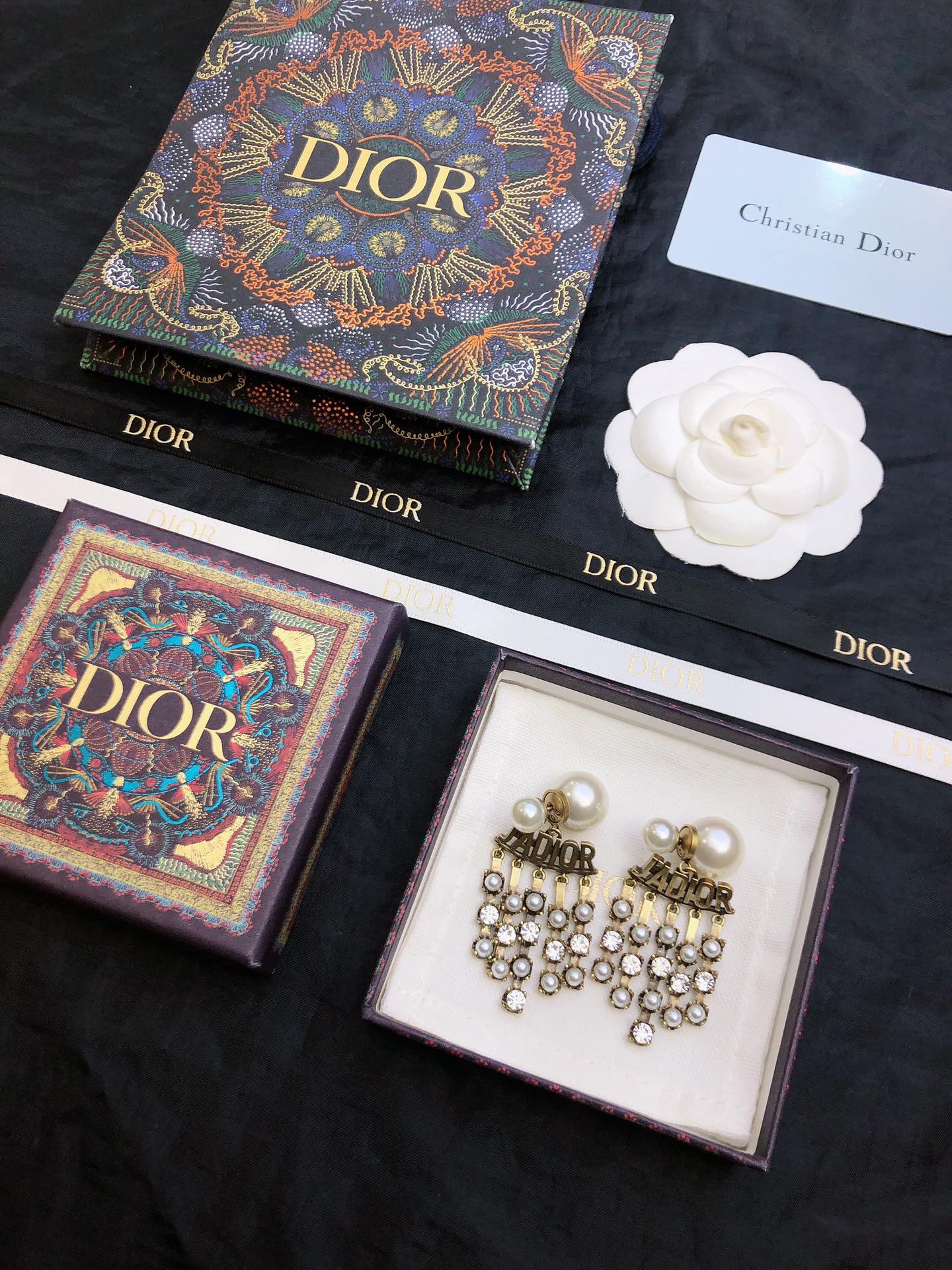 Dior J Adior earrings antique gold-tone metal white pearl clear crystal 5 5cm drop length