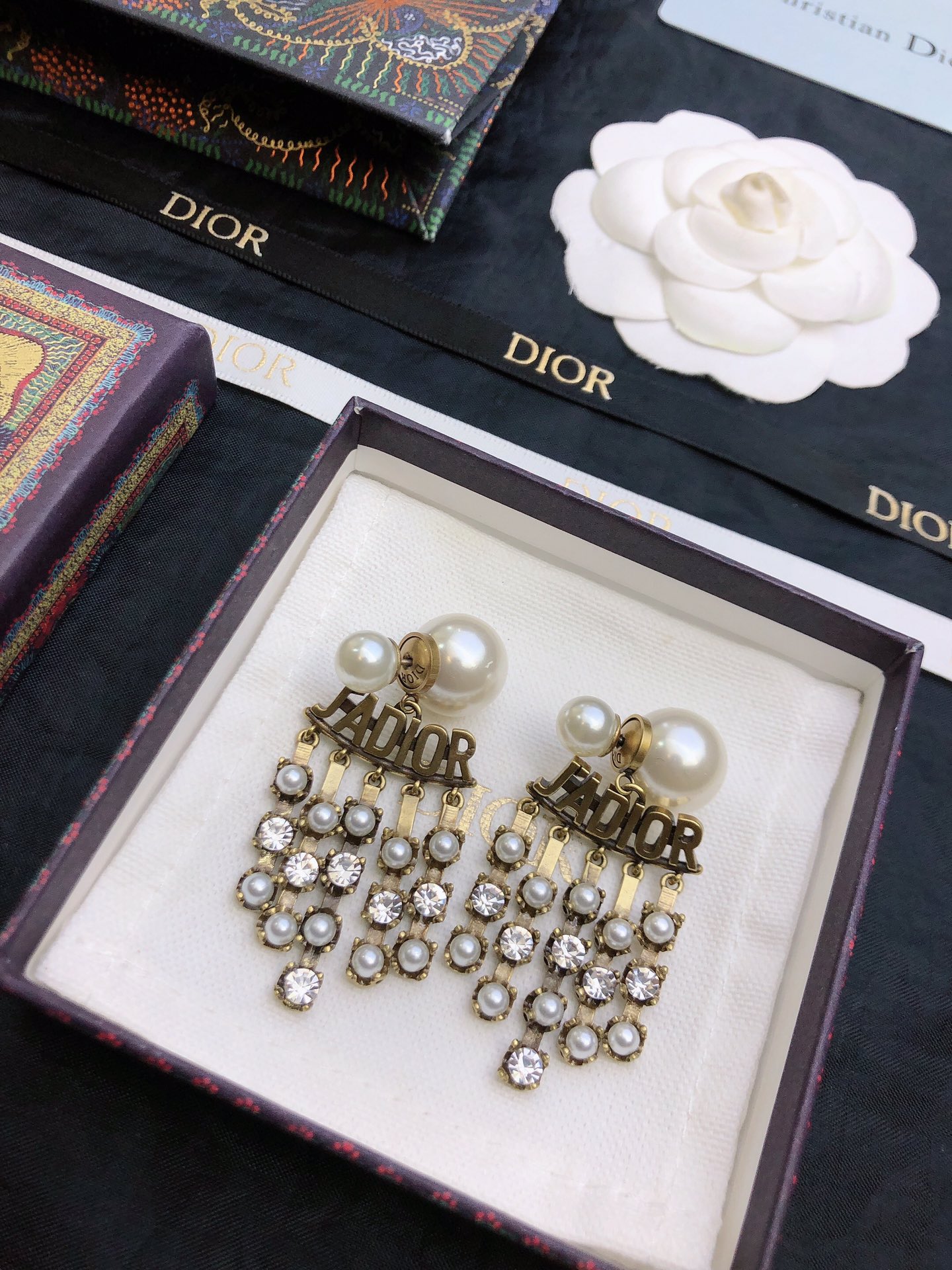 Dior J Adior earrings antique gold-tone metal white pearl clear crystal 5 5cm drop length