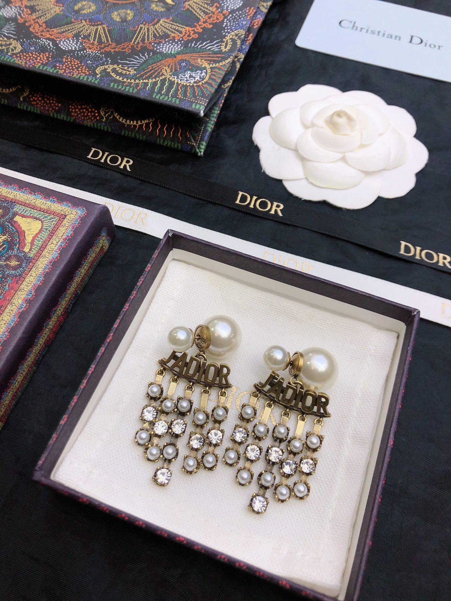 Dior J Adior earrings antique gold-tone metal white pearl clear crystal 5 5cm drop length
