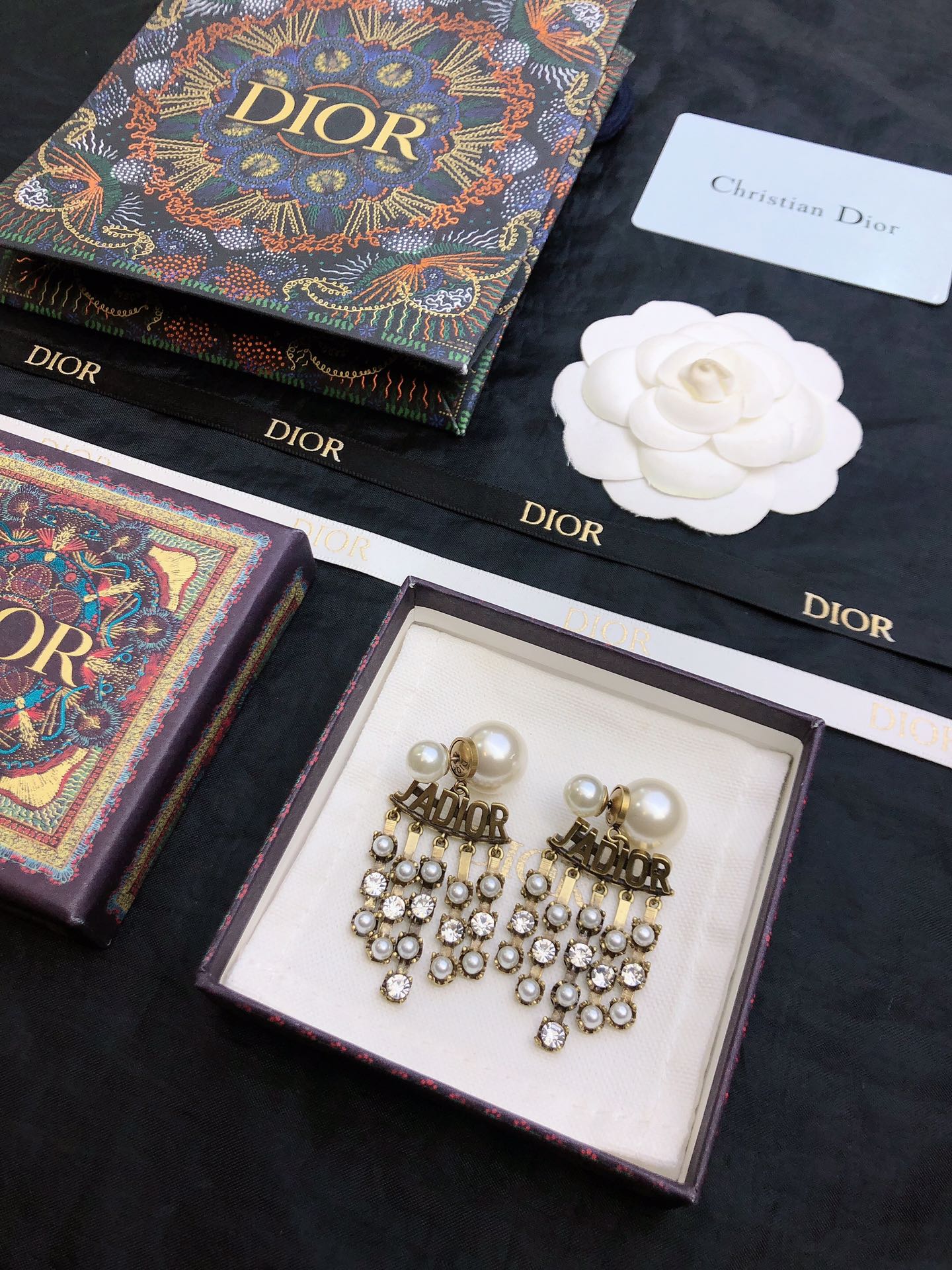 Dior J Adior earrings antique gold-tone metal white pearl clear crystal 5 5cm drop length