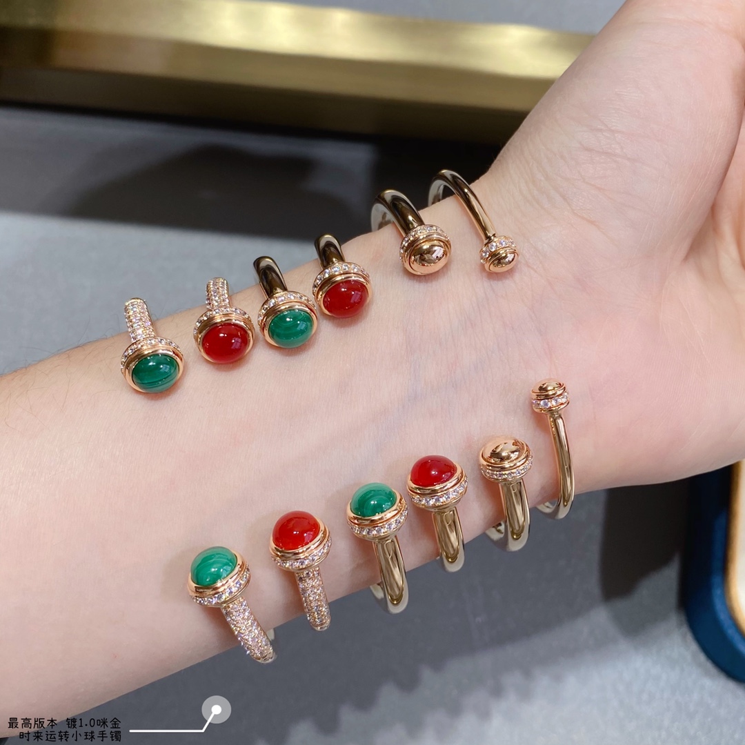 Piaget Possession bracelet Rose gold with clear diamonds variants include red carnelian and green malachite cabochon accents 17