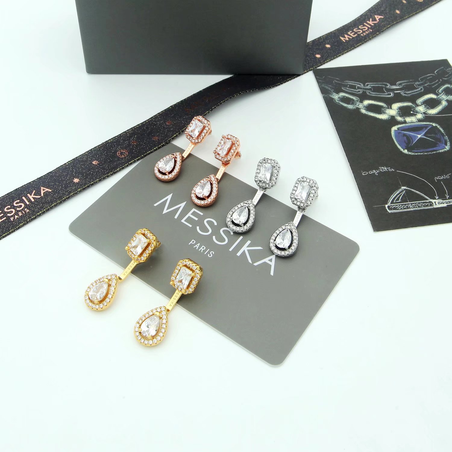 Messika My Twin earrings 18k white gold with clear diamond simulants 2 2cm drop length