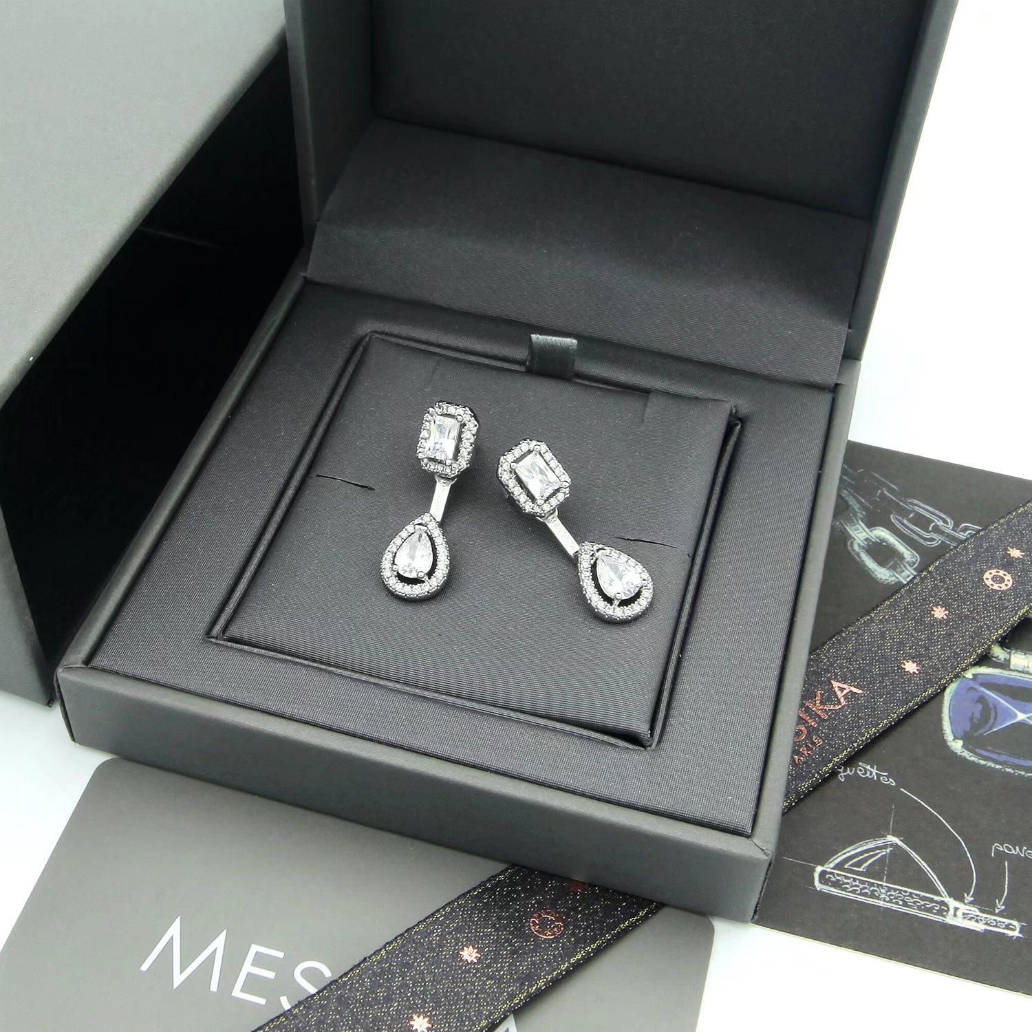 Messika My Twin earrings 18k white gold with clear diamond simulants 2 2cm drop length