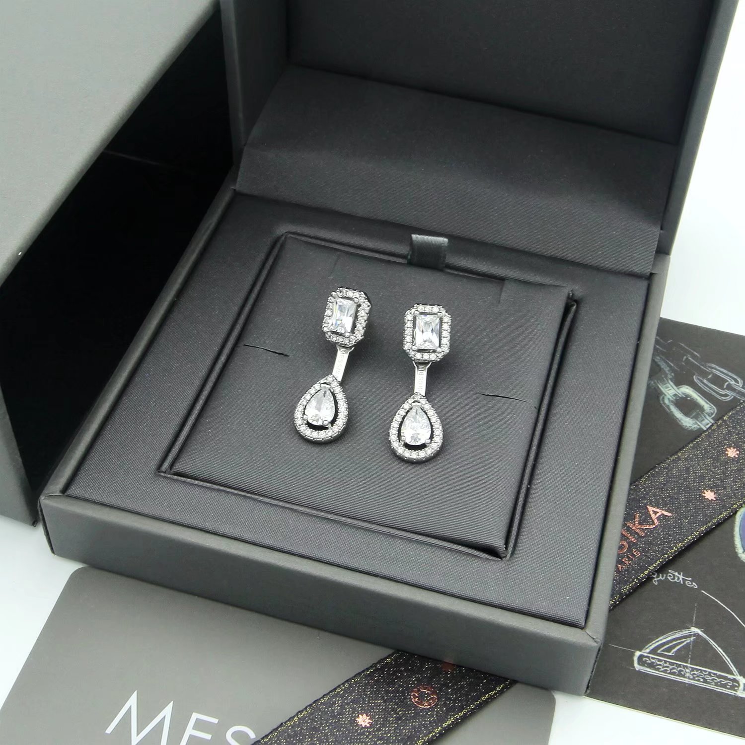 Messika My Twin earrings 18k white gold with clear diamond simulants 2 2cm drop length