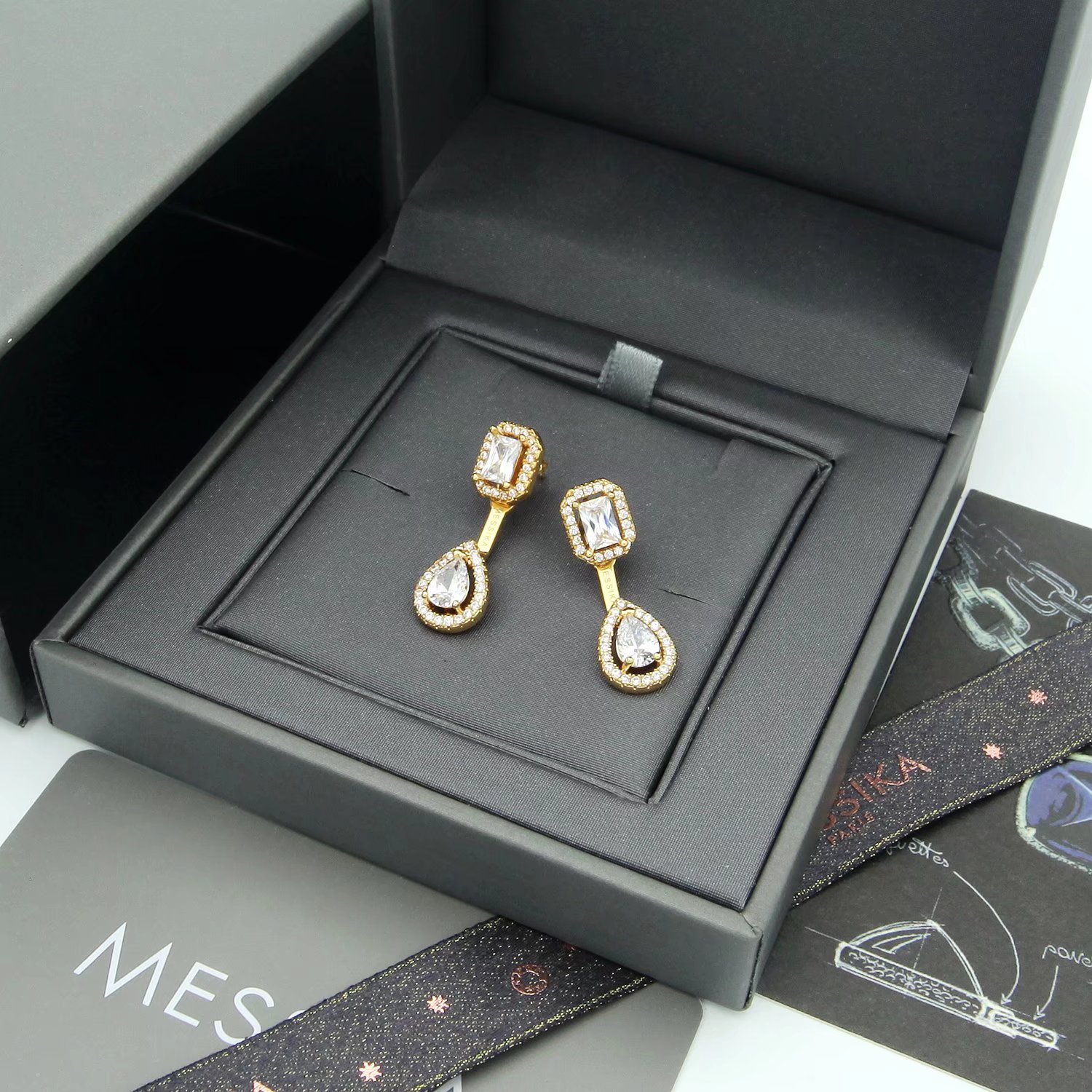 Messika My Twin earrings 18k white gold with clear diamond simulants 2 2cm drop length