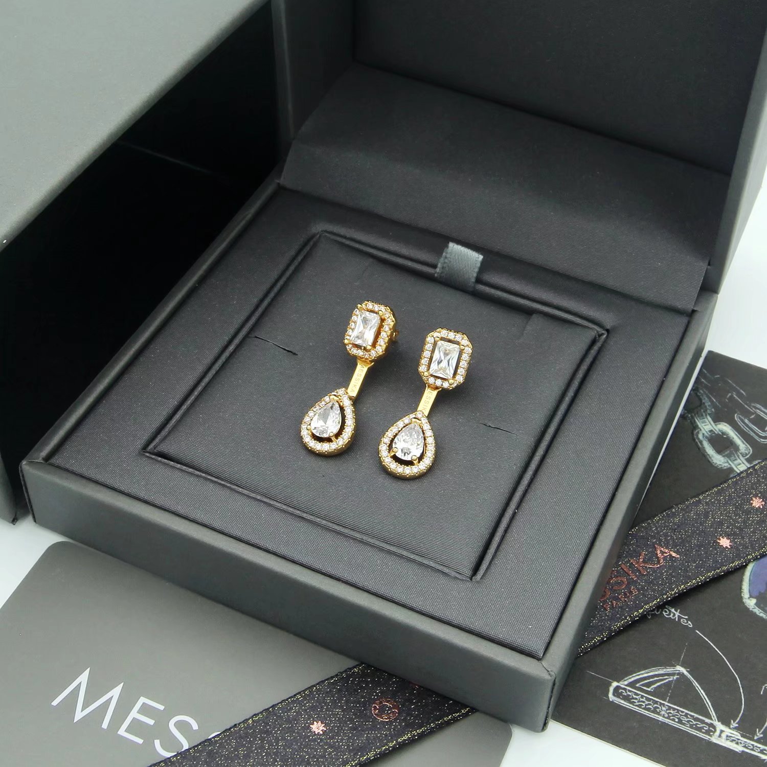 Messika My Twin earrings 18k white gold with clear diamond simulants 2 2cm drop length