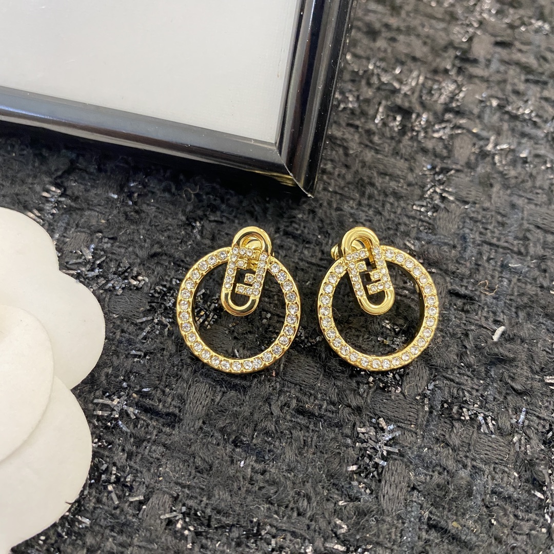 Fendi O Lock earrings gold-tone metal with clear crystal pave 2 5cm diameter