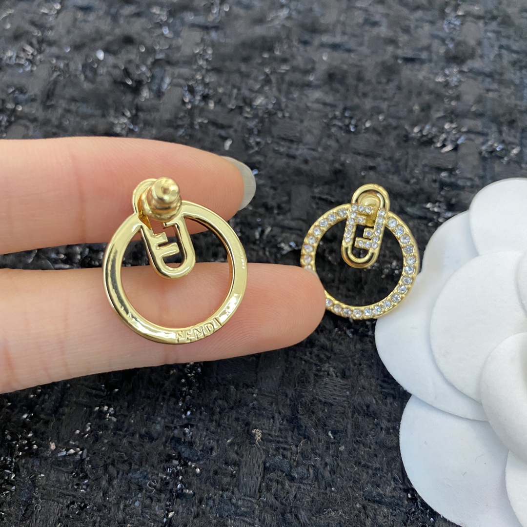 Fendi O Lock earrings gold-tone metal with clear crystal pave 2 5cm diameter