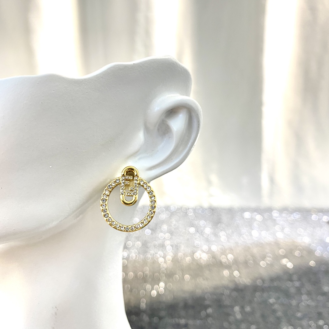 Fendi O Lock earrings gold-tone metal with clear crystal pave 2 5cm diameter