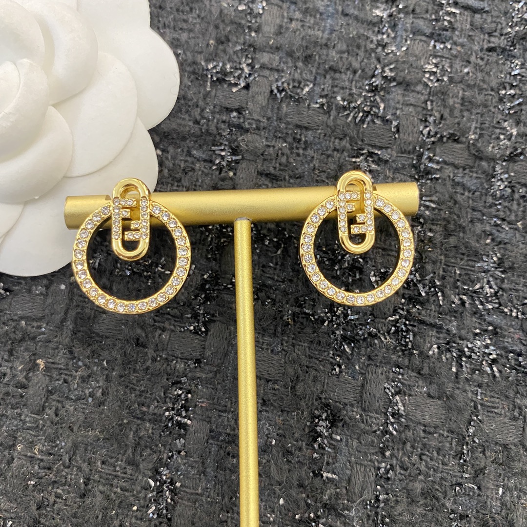 Fendi O Lock earrings gold-tone metal with clear crystal pave 2 5cm diameter