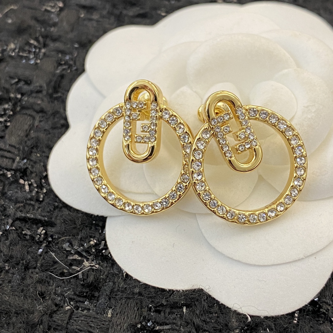Fendi O Lock earrings gold-tone metal with clear crystal pave 2 5cm diameter