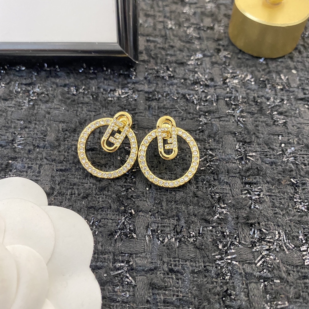 Fendi O Lock earrings gold-tone metal with clear crystal pave 2 5cm diameter