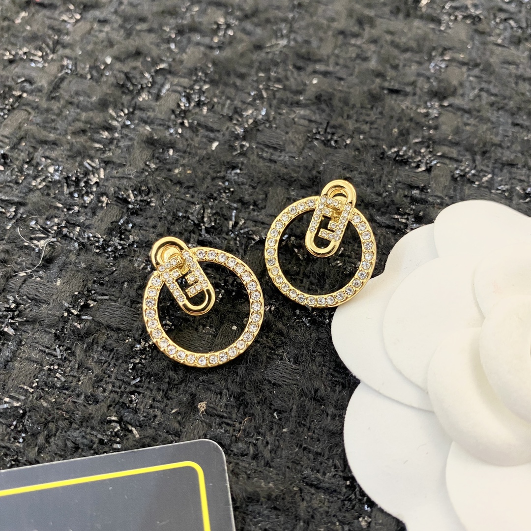 Fendi O Lock earrings gold-tone metal with clear crystal pave 2 5cm diameter
