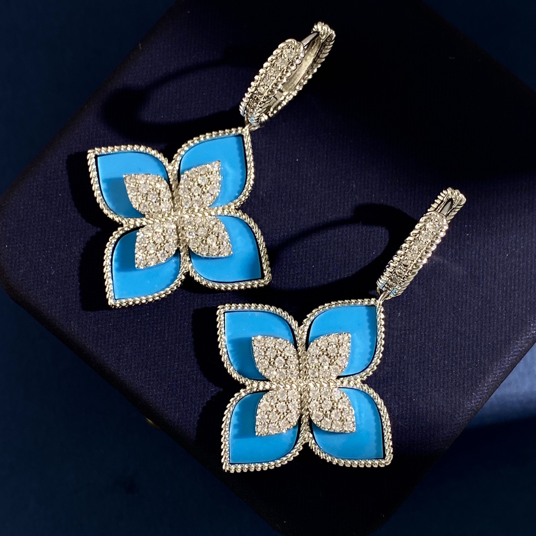 Orecchini Van Cleef Arpels Vintage Alhambra Metallo in oro bianco color argento con intarsio di turchese blu e accenti di diamanti chiari Lunghezza goccia 3 5 cm