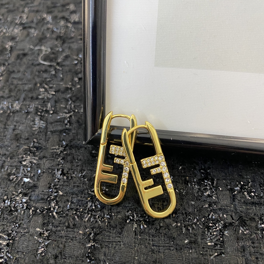 Fendi O Lock earrings gold-tone metal with clear crystal accents 3cm drop length