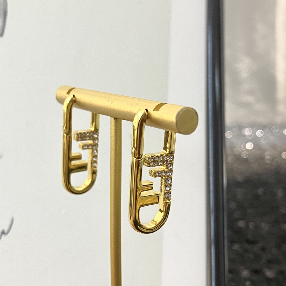 Fendi O Lock earrings gold-tone metal with clear crystal accents 3cm drop length