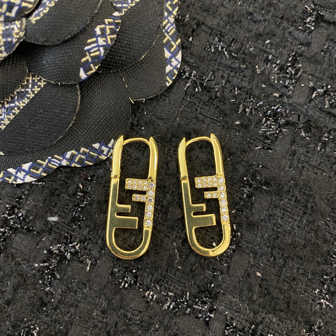 Fendi O Lock earrings gold-tone metal with clear crystal accents 3cm drop length