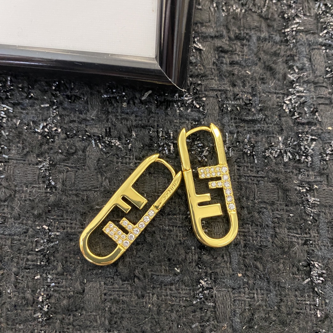 Fendi O Lock earrings gold-tone metal with clear crystal accents 3cm drop length