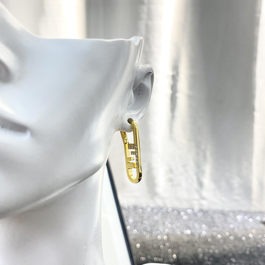 Fendi O Lock earrings gold-tone metal with clear crystal accents 3cm drop length